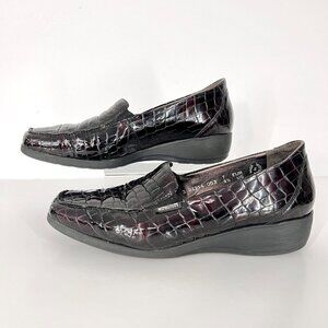 Mephisto Croc Emboss Patent Dark Red Black‎ Leather Wedge Slip On Loafers Sz 9.5